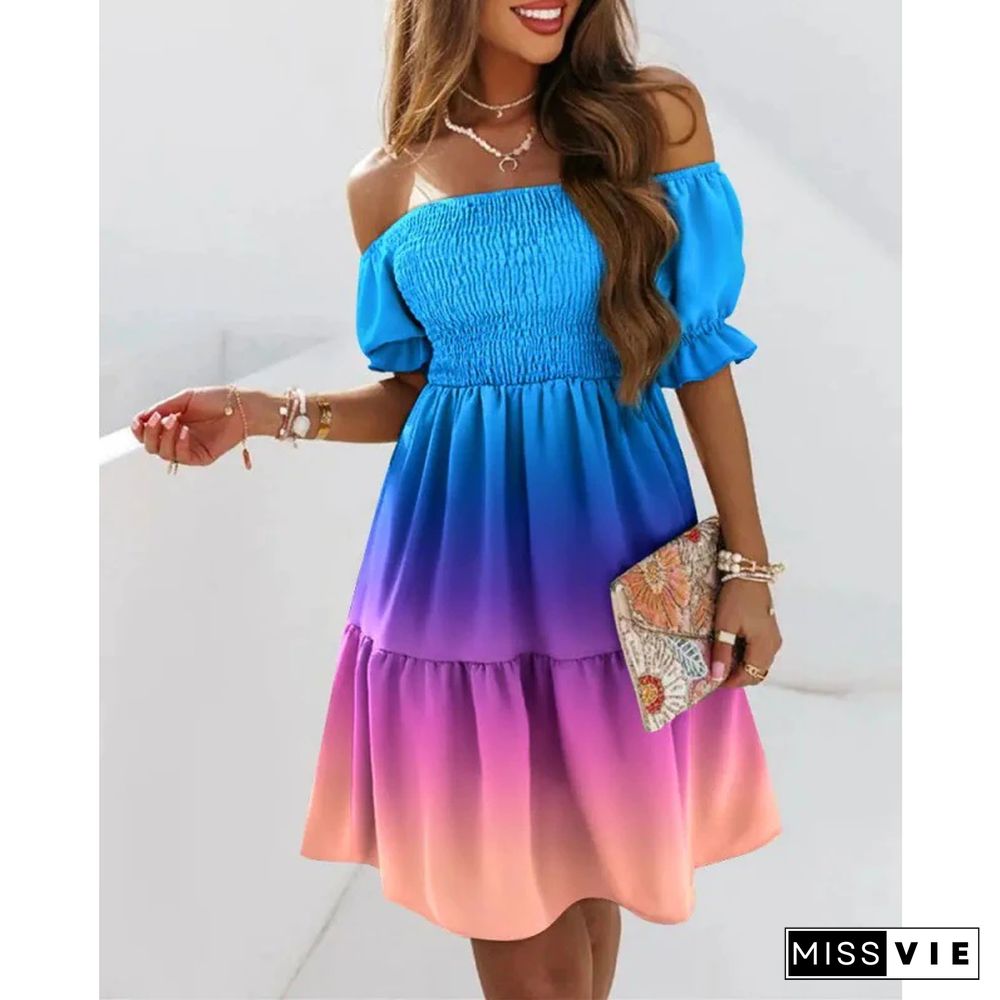 Summer Boho Beach Dress Women Short Sleeve Neck Waist Pleated Print Dress Vestidos De Mujer