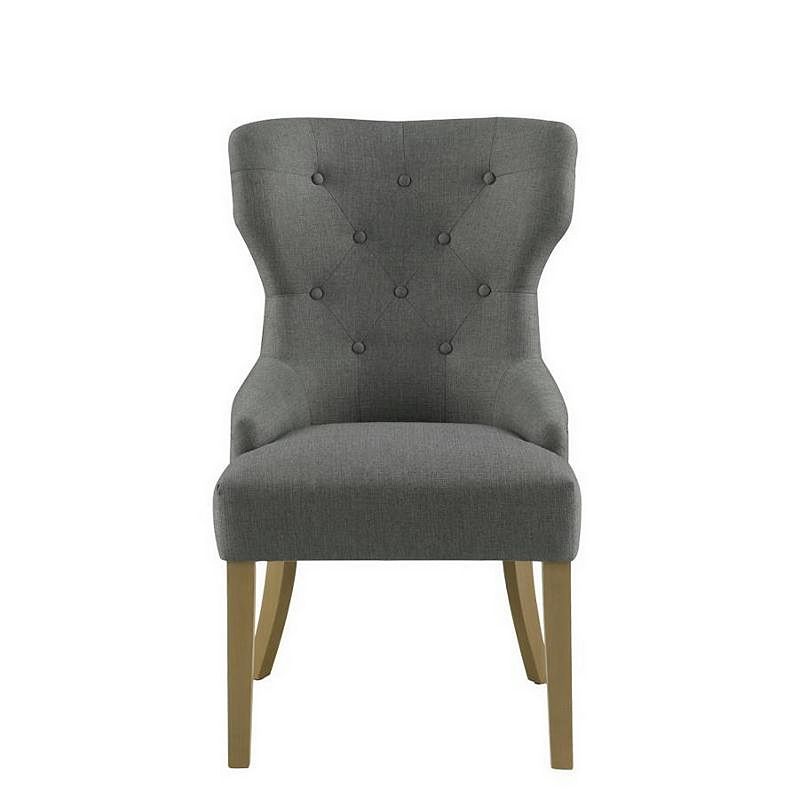 Polyester Upholstered Wooden Dining Chair with Button Tufted Wing Back， Gray and Brown