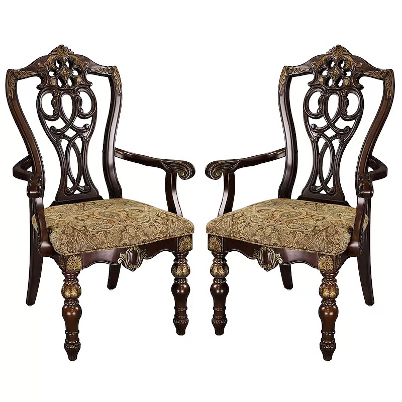 Fabric Upholstered Wooden Arm Chair With Intricate Back， Set of 2 ， Cherry Brown