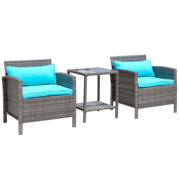 Outsunny 3 Pcs Rattan Wicker Bistro Set With Soft Cushions Outdoor Conversation Coffee Sets With Glass Table Top And Open Storage Shelf For Patio Backyard Garden