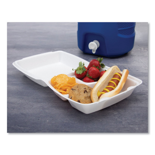 Dart Foam Hinged Lid Containers， 3-Compartment， 8.38 x 7.78 x 3.25， 200/Carton (85HT3R)