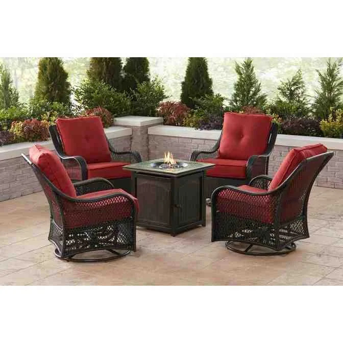 Orleans 5-Piece Steel Patio Fire Pit Conversation Set with Navy Blue Cushions, Swivel Gliders and Square Fire Pit Table