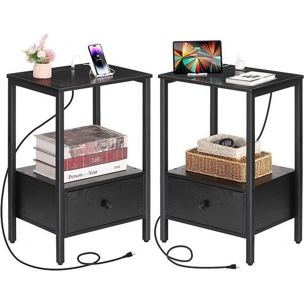 2 PCS Side Table with Charging Station with USB Ports and Power Outlets - - 36970015