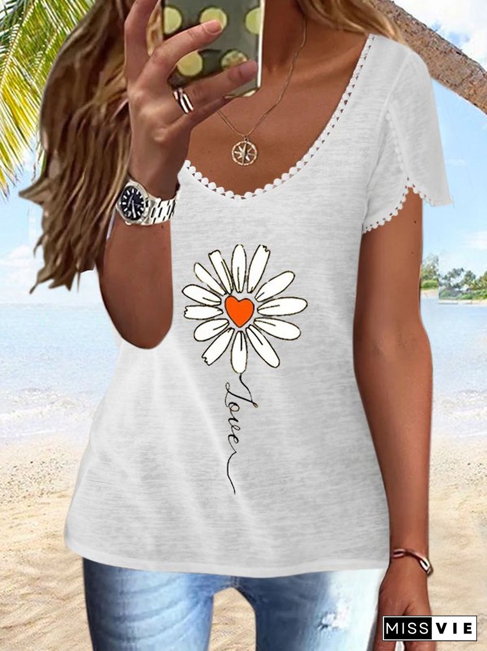 Casual V Neck Floral Short Sleeve T-Shirt