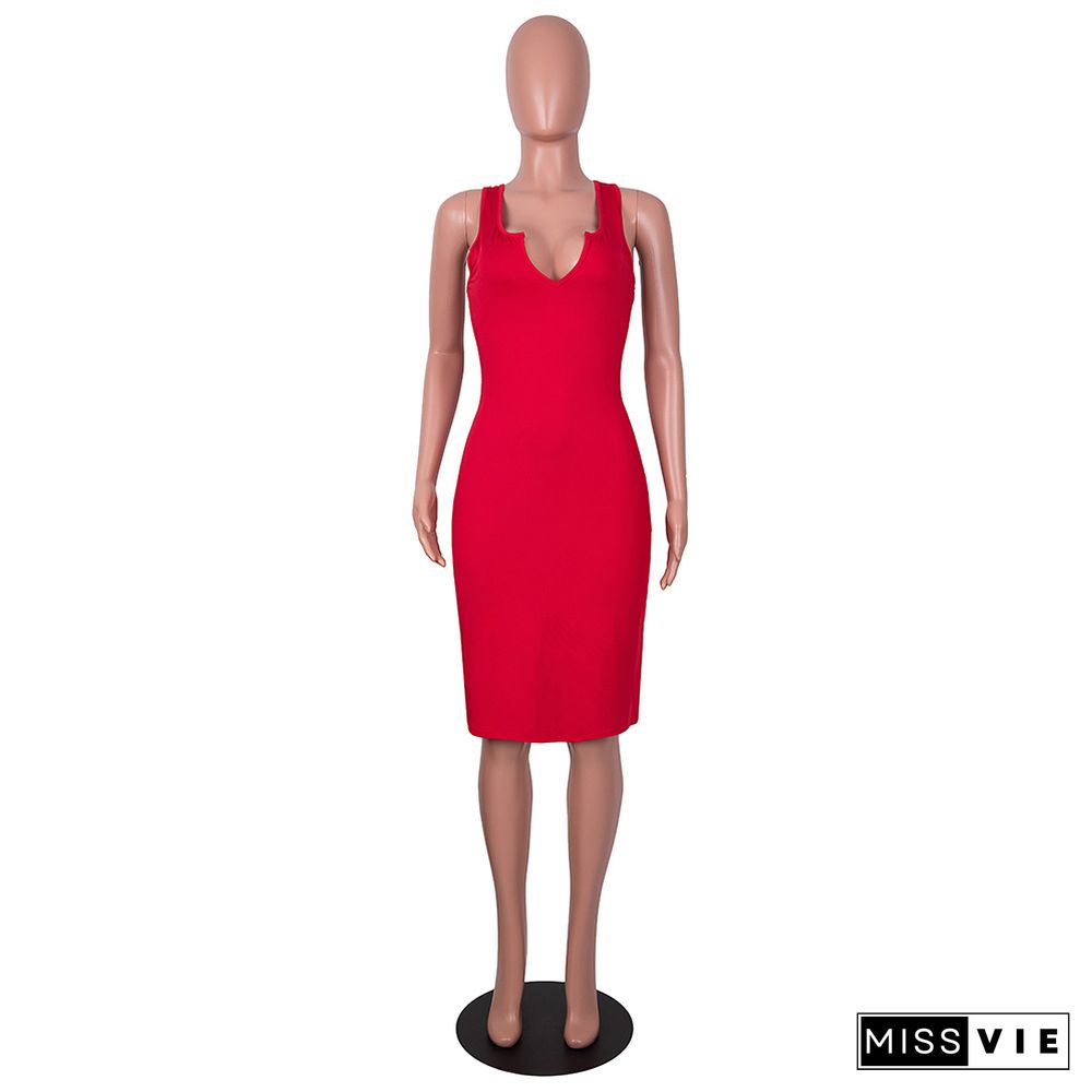 Sleeveless V-Neck Elastic Bodycon Basic Dresses