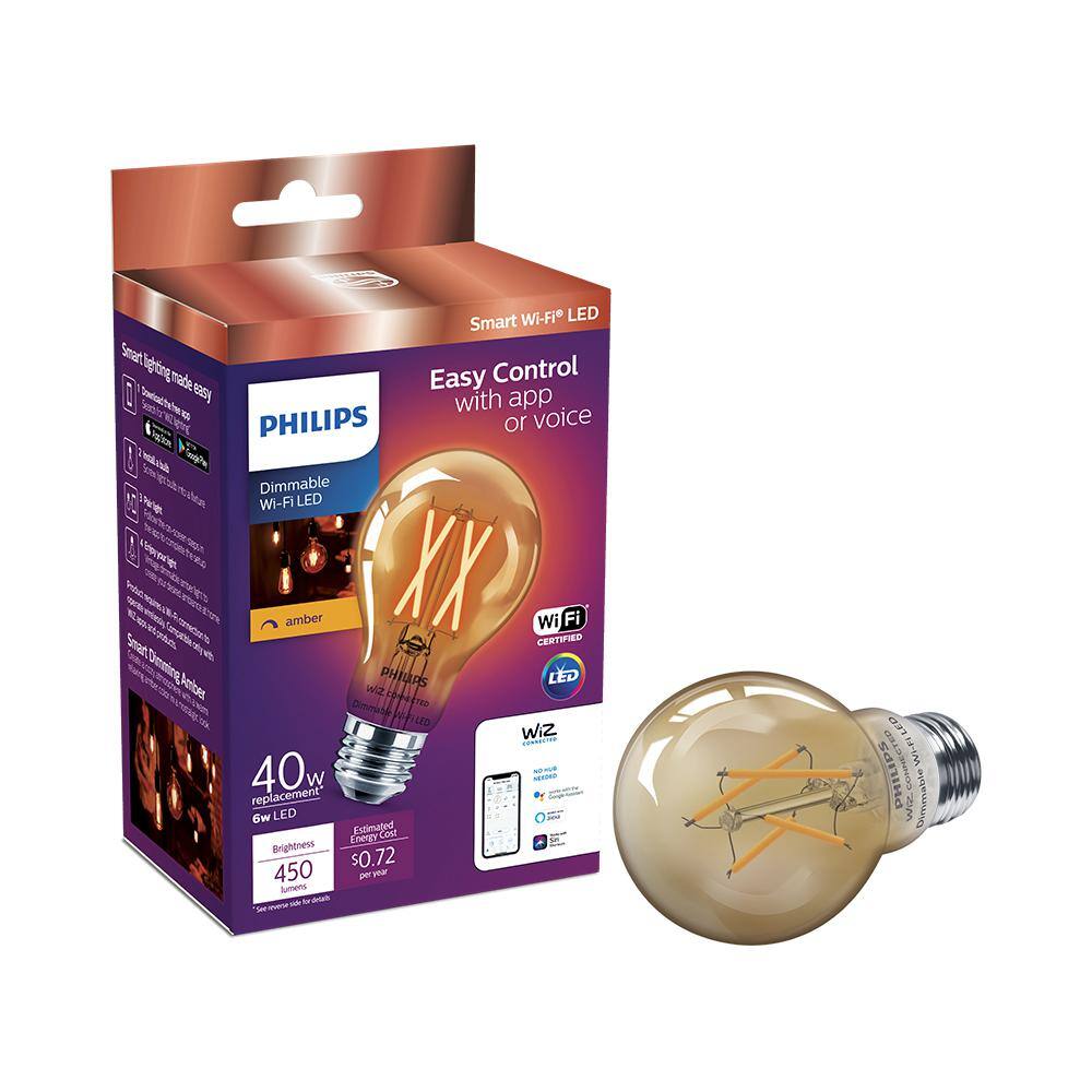 Philips 40-Watt Equivalent A19 LED Smart Wi-Fi Light Bulb Amber (2000K) powered by WiZ (1-Pack) 555524