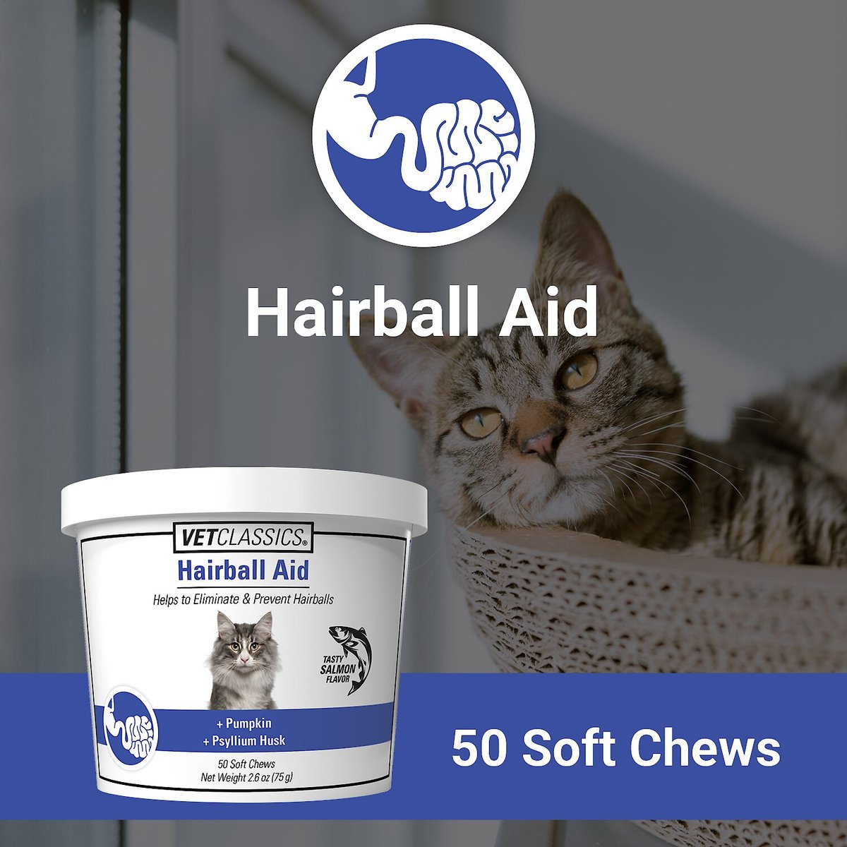 VetClassics Natural Hairball Digestive Aid Soft Chews Cat Supplement， 50 count