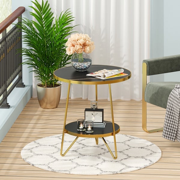 Marble Gold End Table Side Table with Shelves