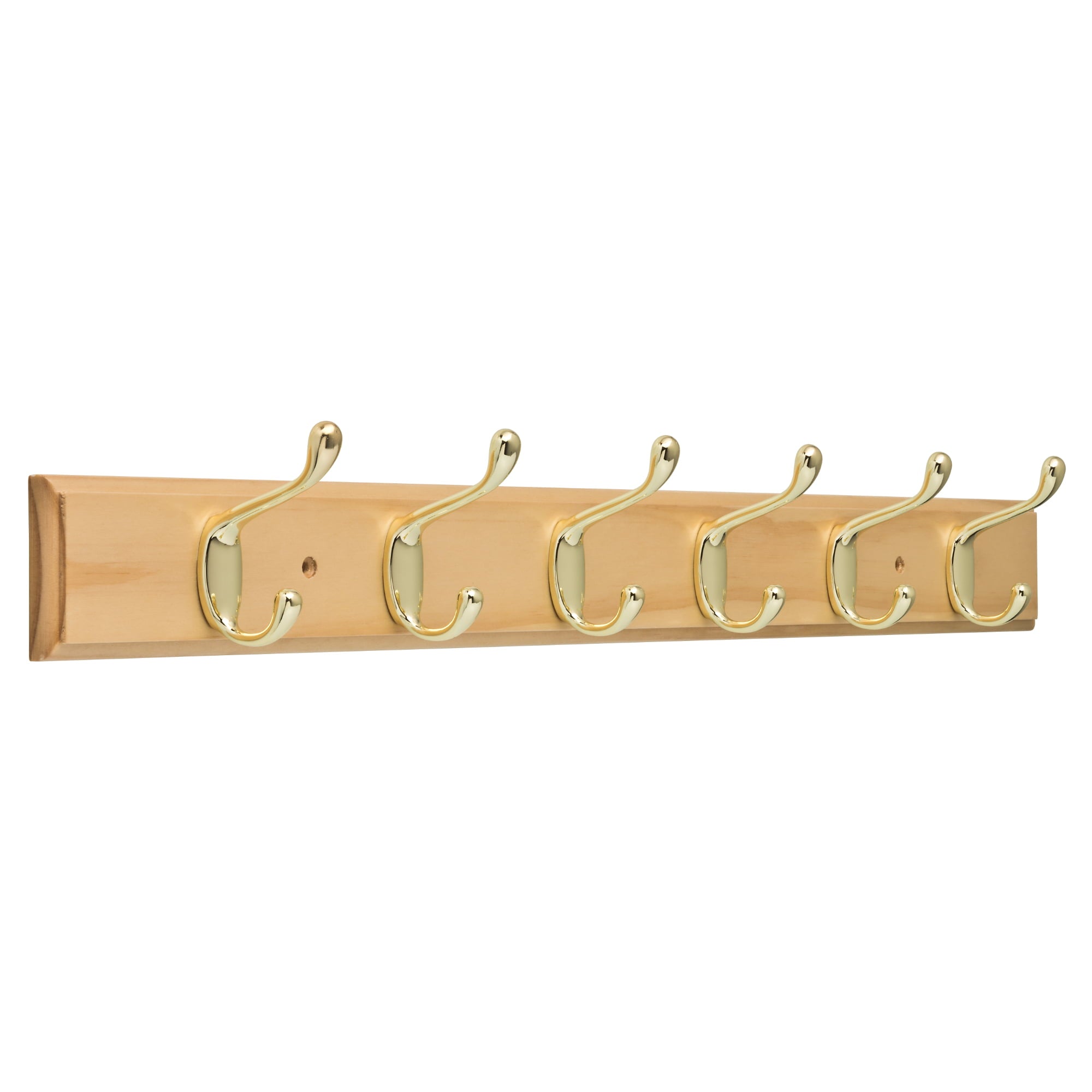 Franklin Brass 27 In. Hook Rail W/6 Heavy Duty Coat And Hat Hooks， Lacquered Pine and Brass Plated