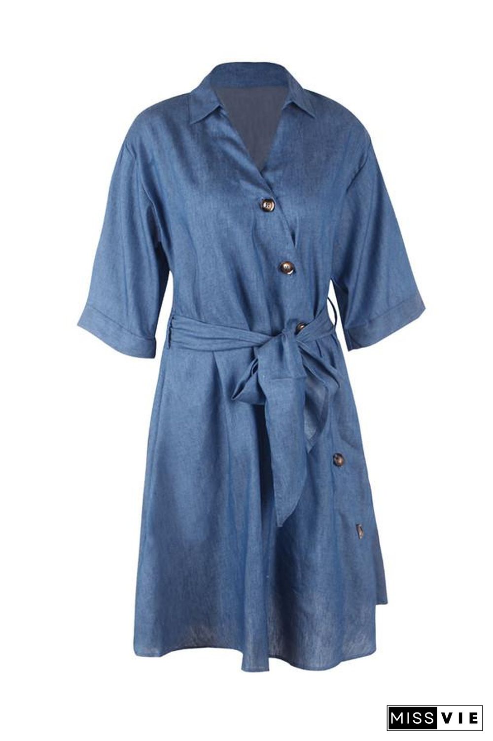 Tie Waist Button Down Elegant Shirt Dress 3/4 Sleeve Casual Dress