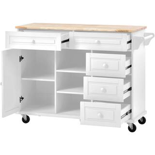 tunuo White Rolling Kitchen Island Cart with Rubber Wood Top (53 in. W) SFWF-297003WH