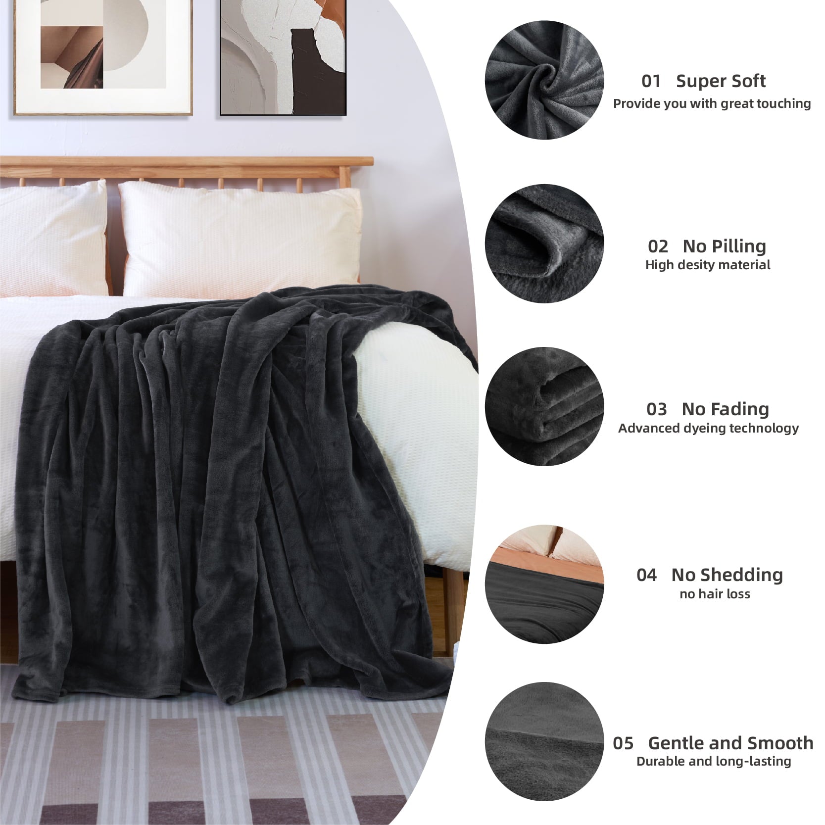 All Season Soft Blanket King Size Fuzzy Luxury Flannel Fleece Lightweight Microfiber Cozy Bed Blankets for Bed， Couch， Sofa， Camping， Travel(Dark Grey，90