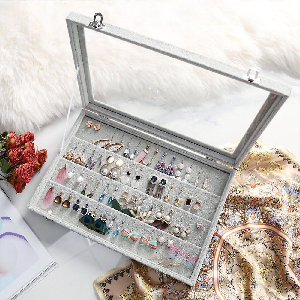 Velvet Clear Lid Earring Box Organizer Storage 55 Pairs Earrings Stud Tray Showcase Display Case