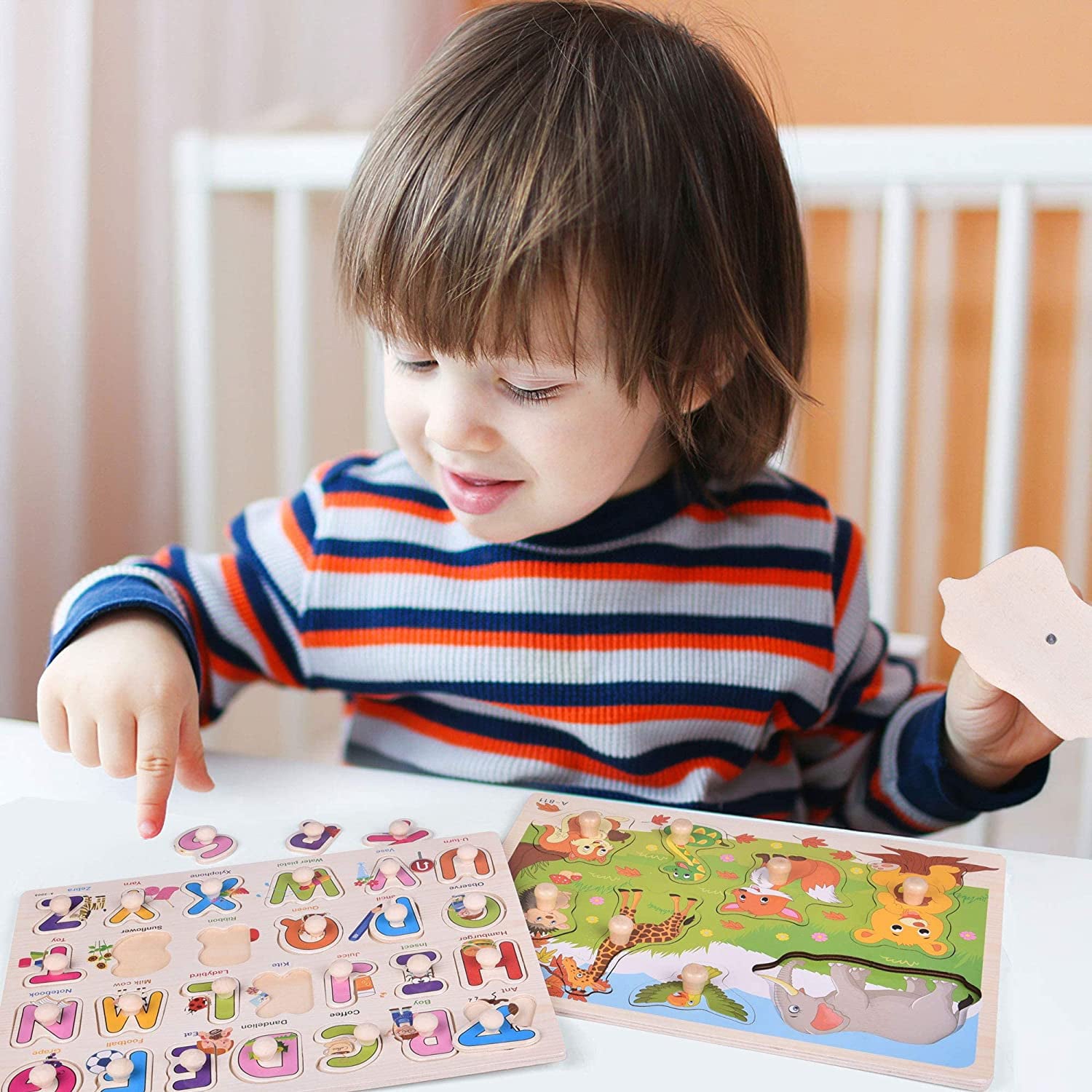 Fun Little Toys Wooden Peg Puzzles for Toddlers 2 3 Years Old，WOOD CITY Alphabet and Number Puzzles for Kids，5 Pcs Toddler Puzzles Set-Letters，Animals and Vehicles， Learning Toys Gift for Girls and Boys