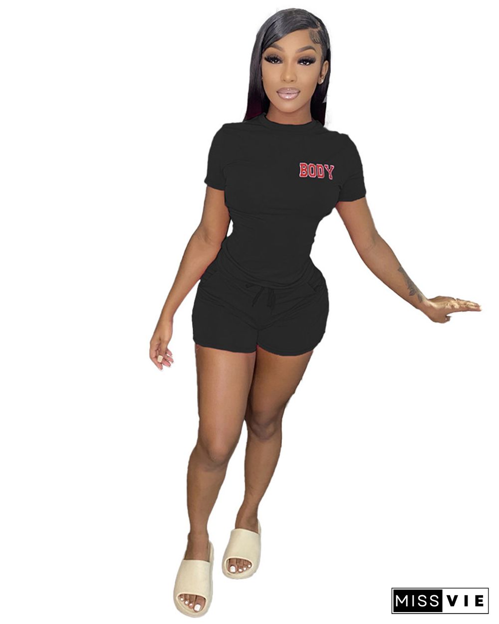 Body Print O Neck Short Sleeve T Shirts And Shorts Sets