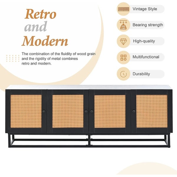 Rattan TV Stand for 65 Inch TV， Rustic TV Console Table with 4 Textured Rattan Doors and 2 Adjustable Panels