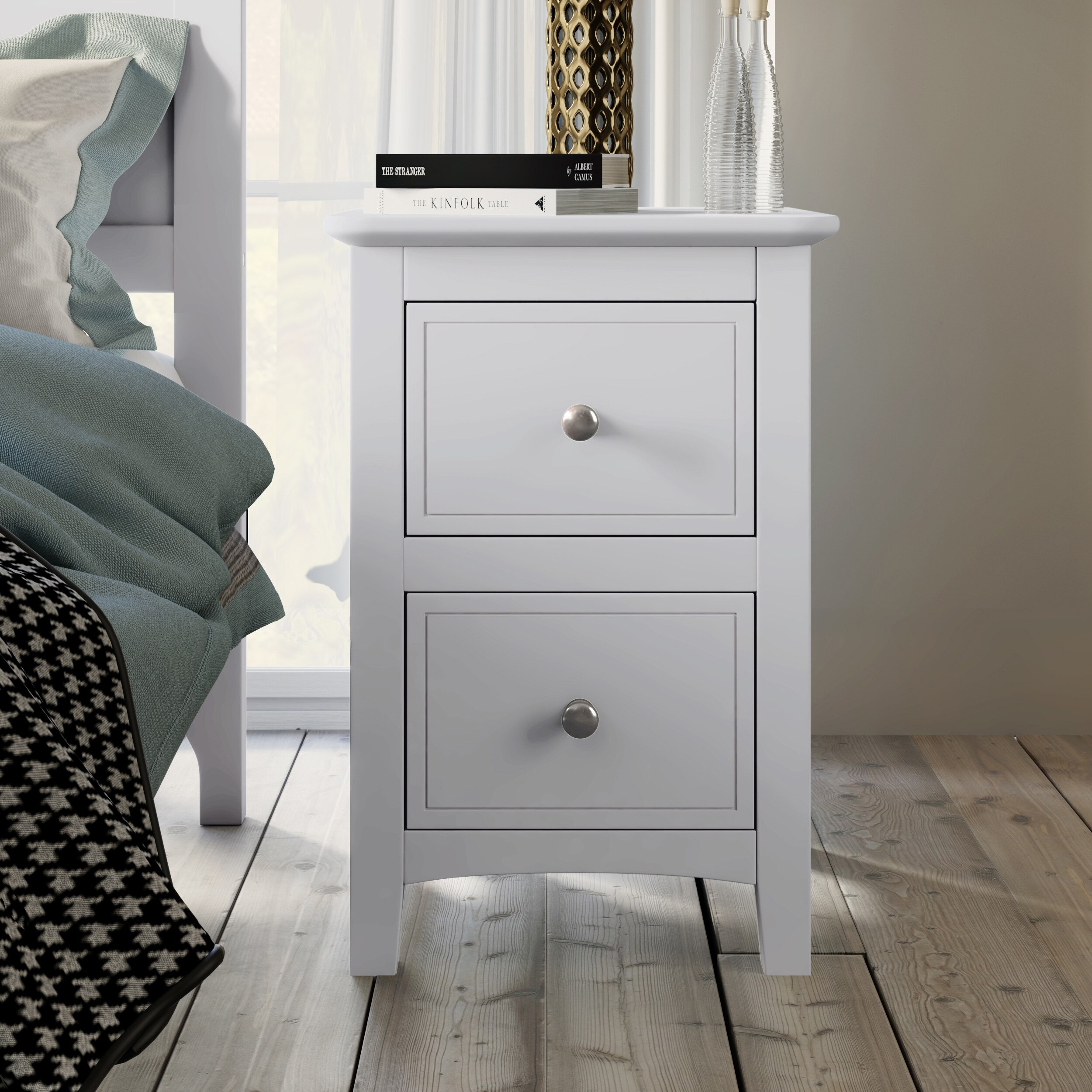 Nightstand，2 Drawers，Solid Wood，White - - 35729280