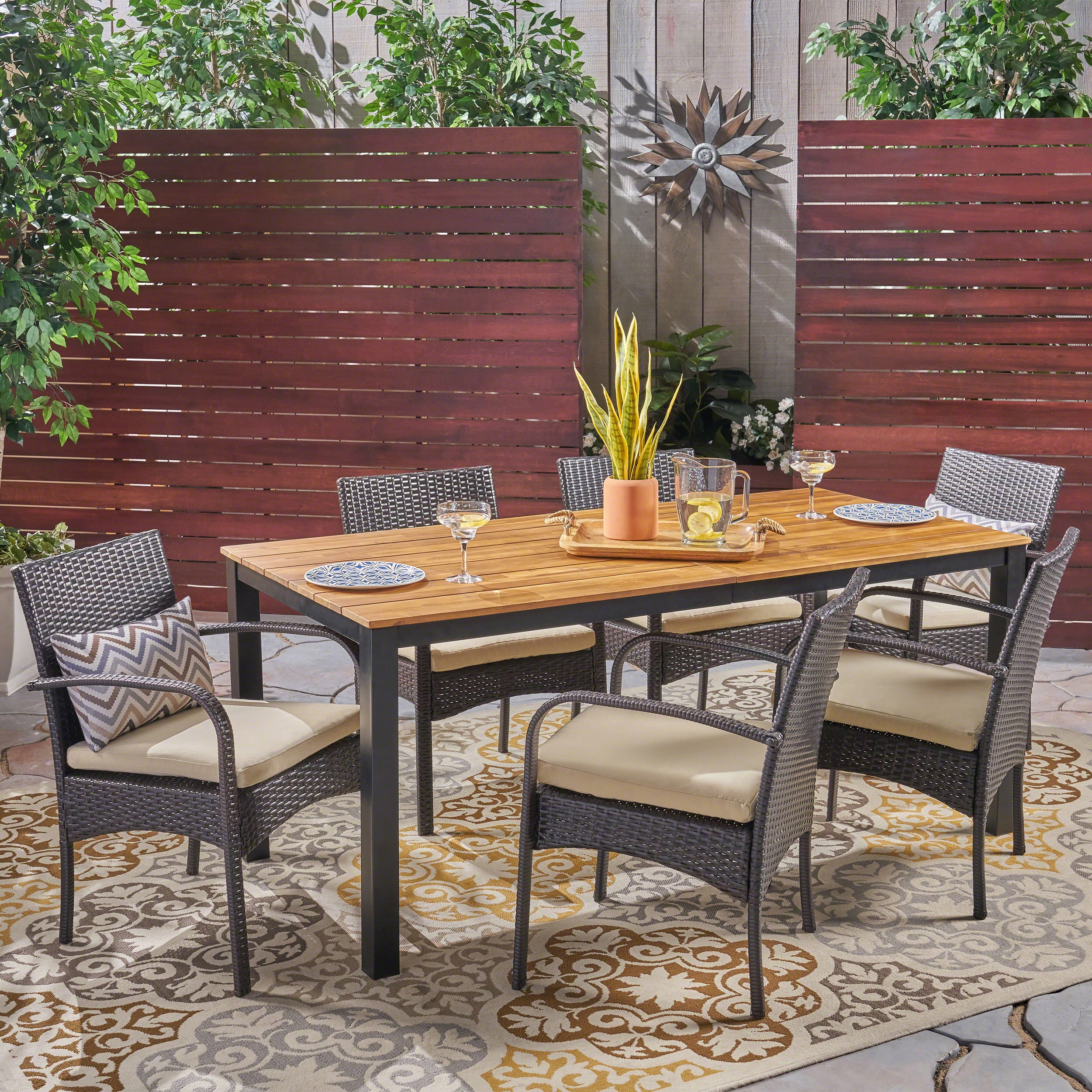 Nicole Outdoor 7 Piece Acacia Wood Dining Set with Wicker Chairs, Teak and Multi Brown and Cream