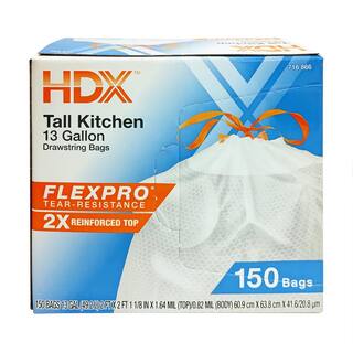 HDX FlexPro 13 Gallon Reinforced Top Drawstring Kitchen Trash Bags (150-Count) HD13XHF150W