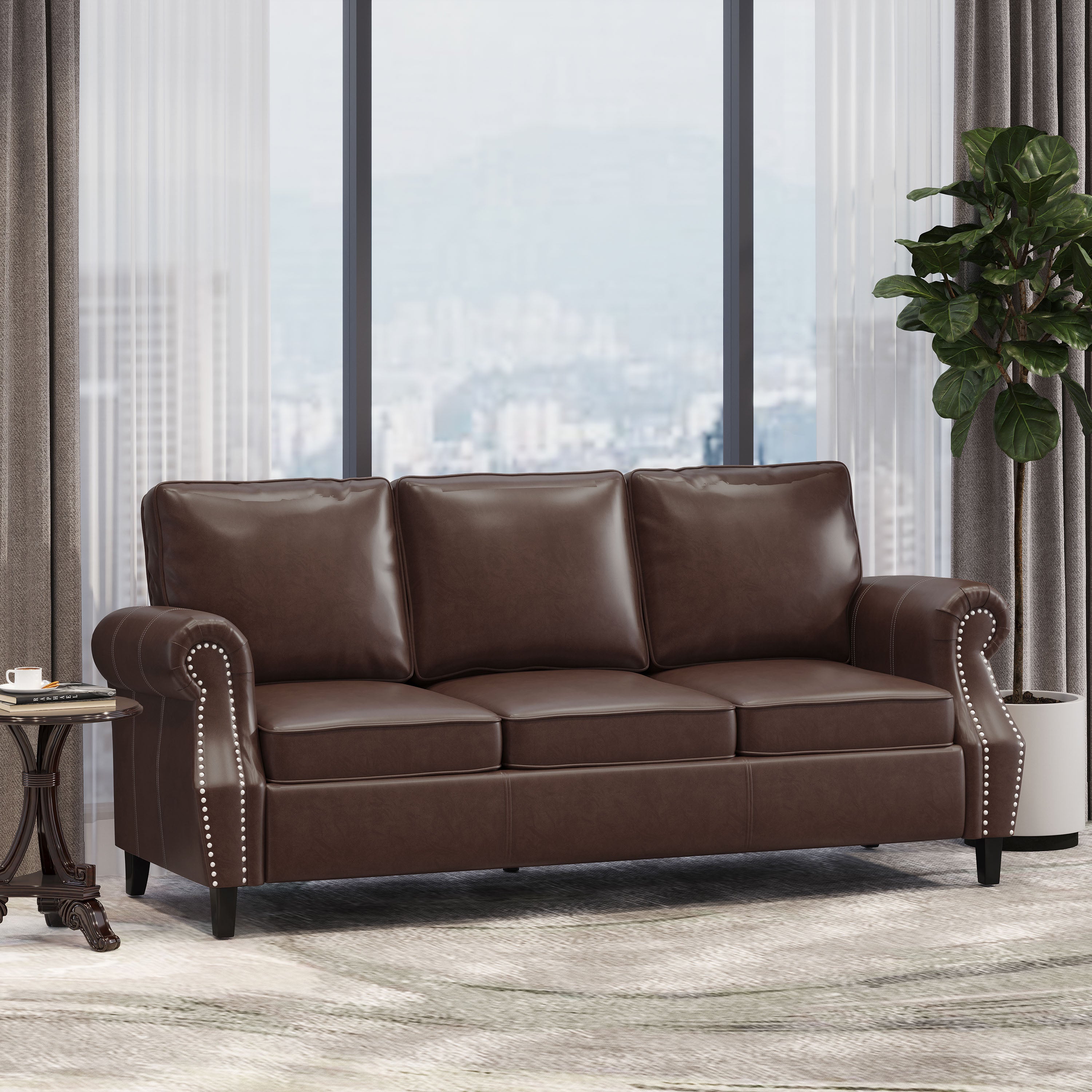 Burkehaven Contemporary Faux Leather 3 Seater Sofa with Nailhead Trim