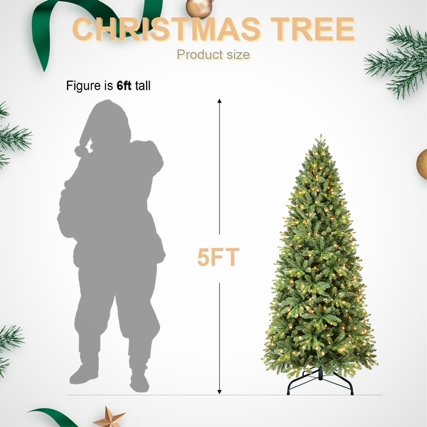 8FT PreLit Slim Christmas Tree，Green，Fir Xmas 'Feel Real' Artificial Tree，White Lights，Metal Hinged，Foldable Base