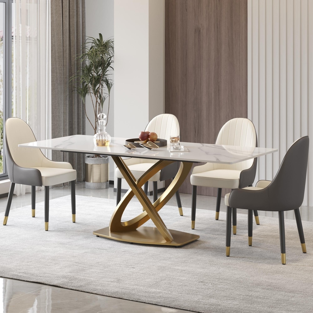 Modern Marble Dining Table with Gold Geometric Base