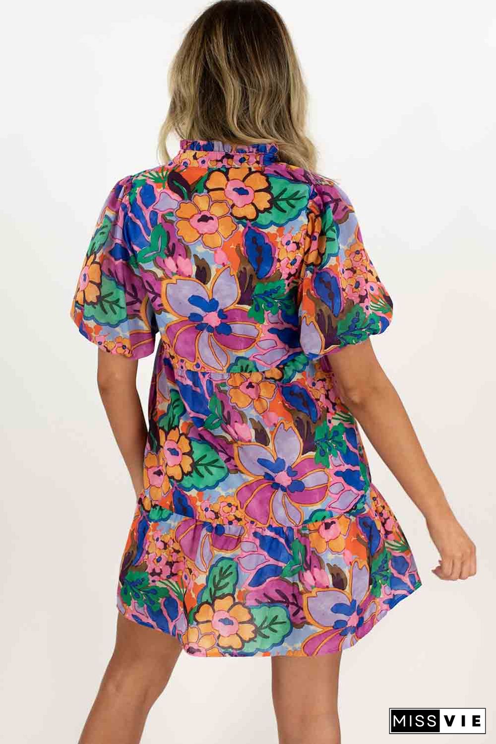 Multicolor Floral Print V Neck Puff Sleeve Mini Dress