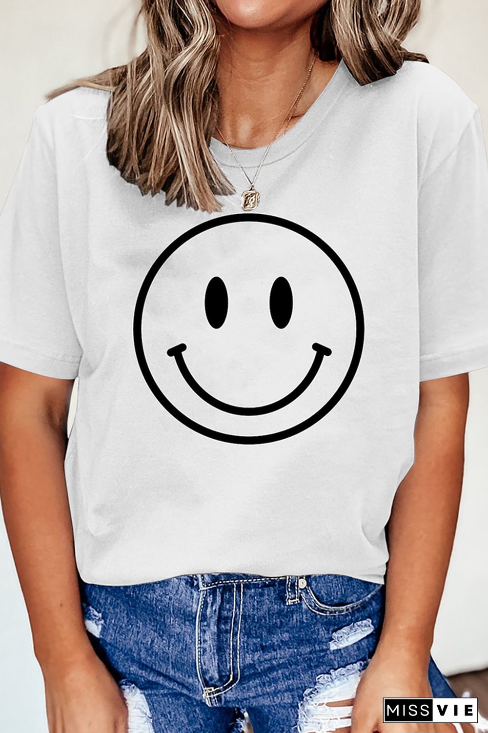 Smiley Printed Graphic Tees for Women Wholesale Short Sleeve T shirts Top