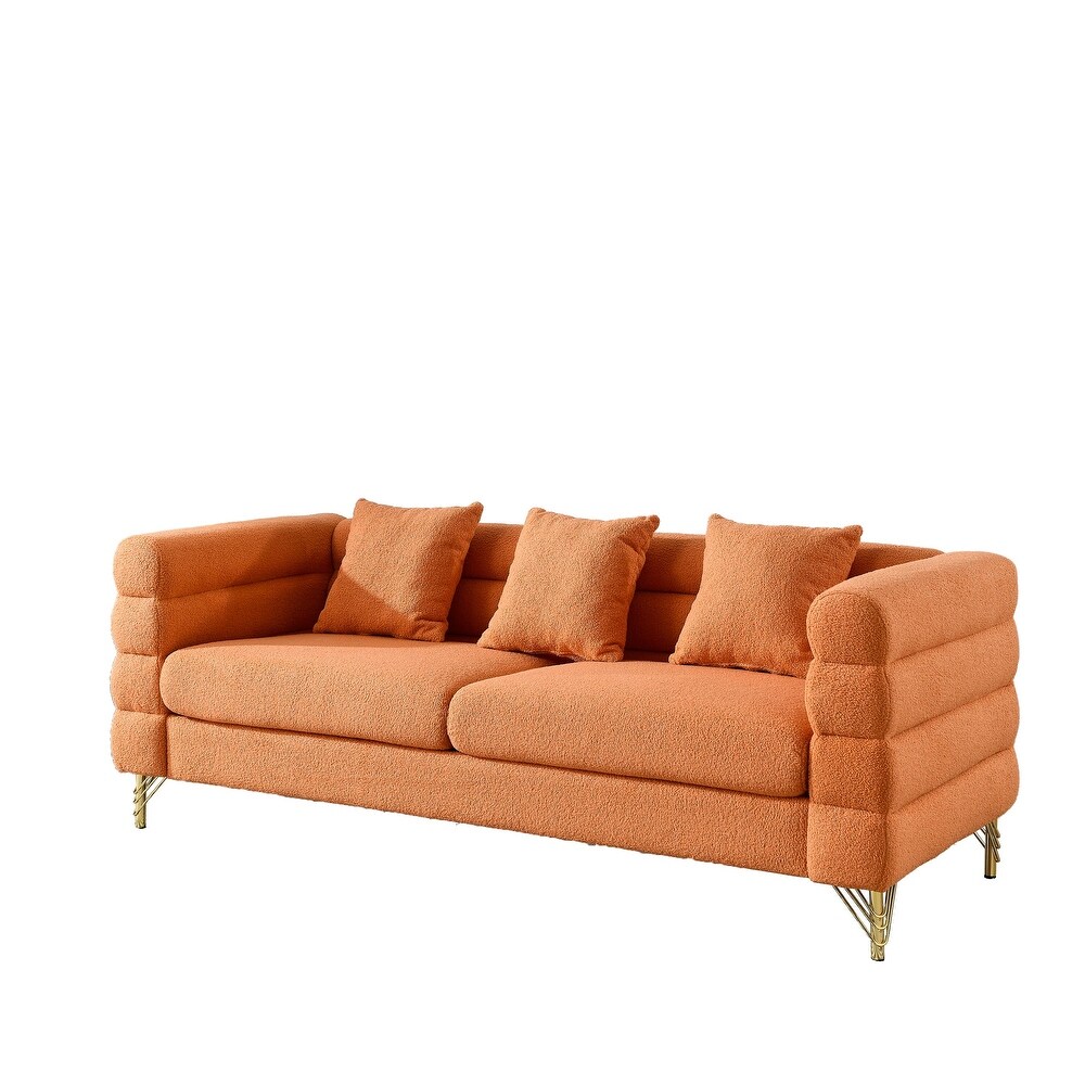 Stacked Sectional Sofa Sets Teddy Fabric Loveseat Sofa Curved Side Settee Sets with Lumbar Pillows for Living Room  Orange