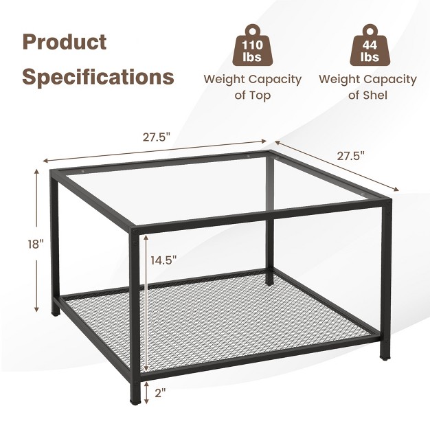 Costway Glass Coffee Table 27 5 Inch 2 tier Square With Mesh Shelf Living Room Grey transparent