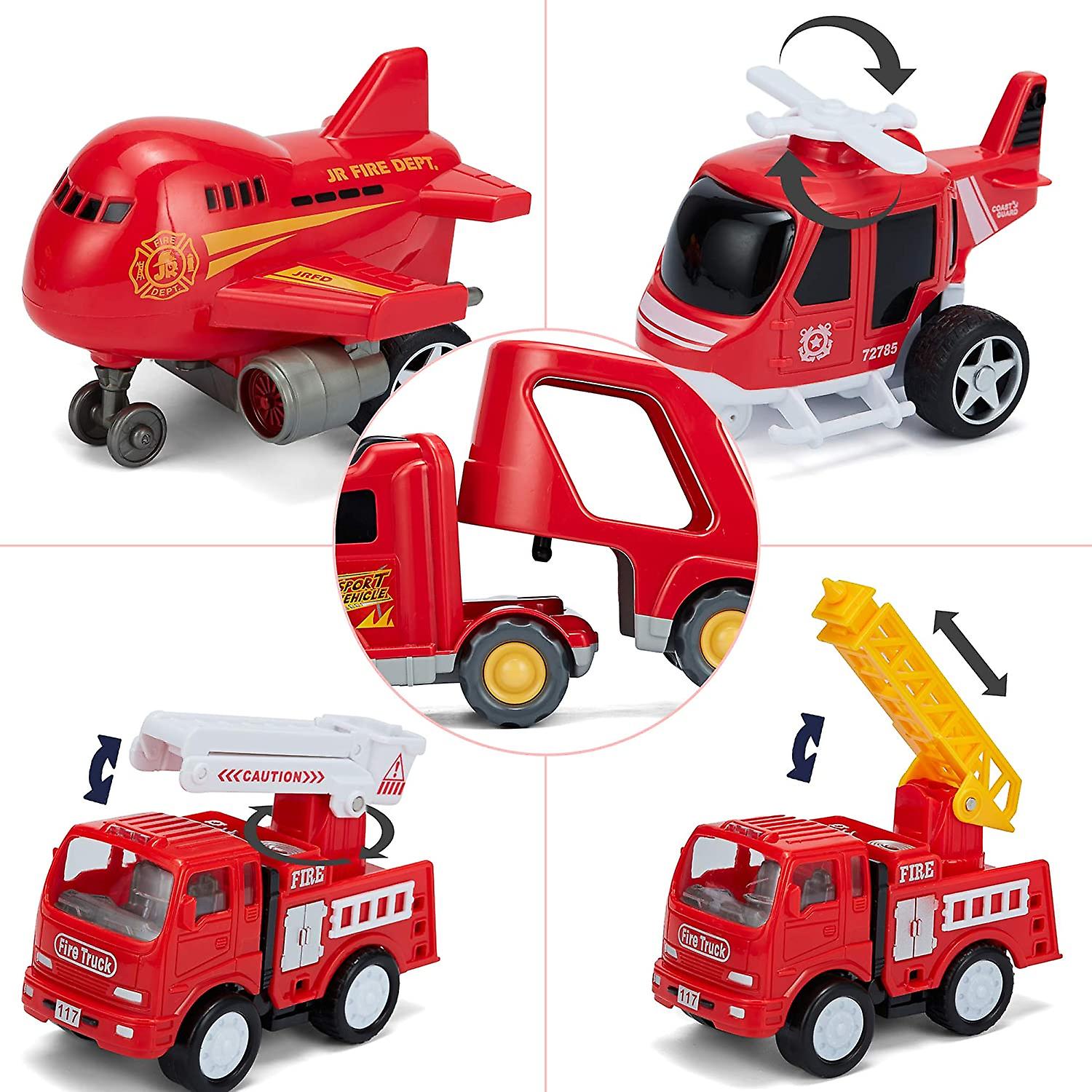 Fire Truck Car Toys Set With Sound and Lights， 1 Transport Cargo Truck， 2 Emergency Rescue Vehicles， 1 Helicopter， 1 Airplane， 5 In 1 Play Vehicle Toys