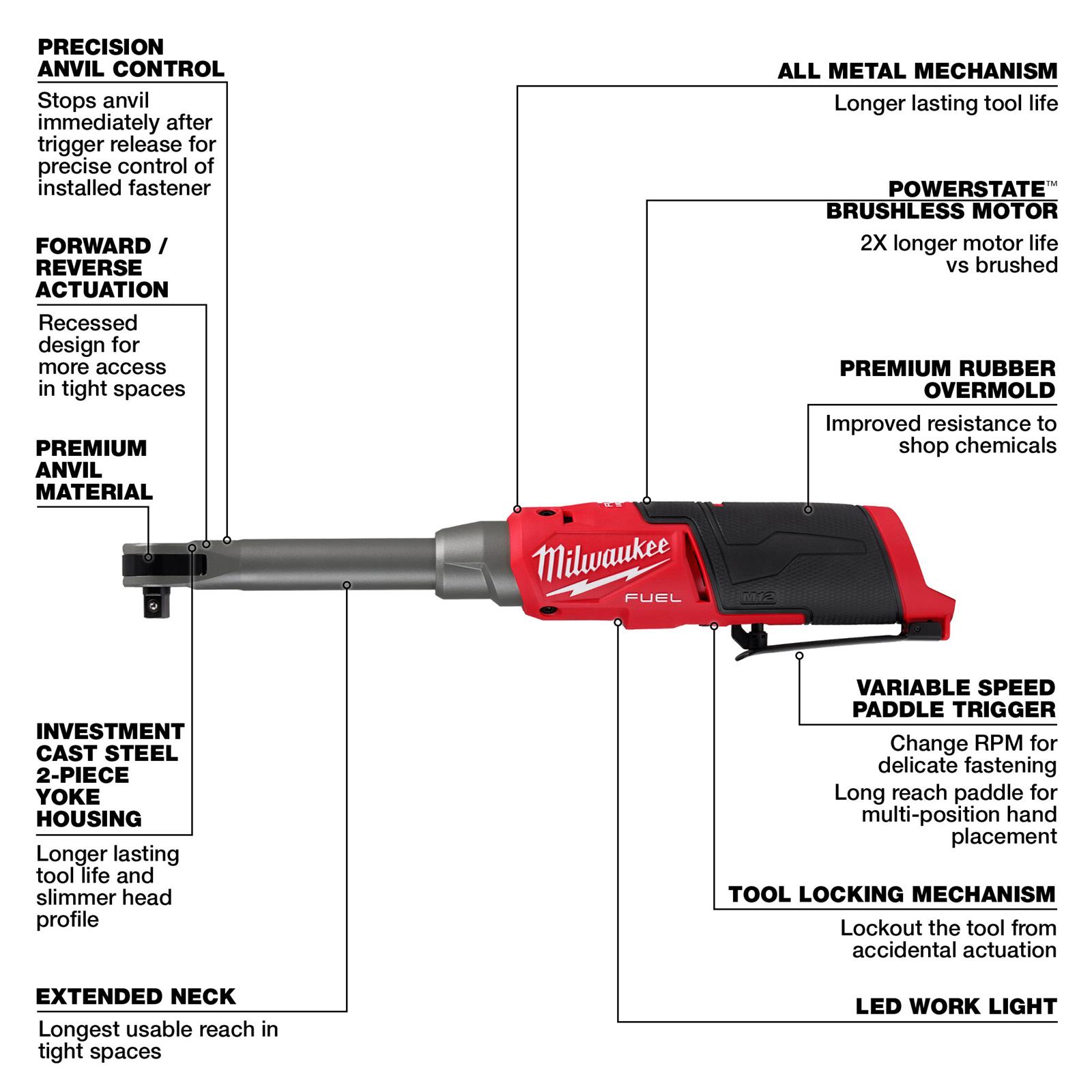 Milwaukee Tool 2569-20 Milwaukee M12 FUEL 3/8 in. Extended Reach High-Speed Ratchets