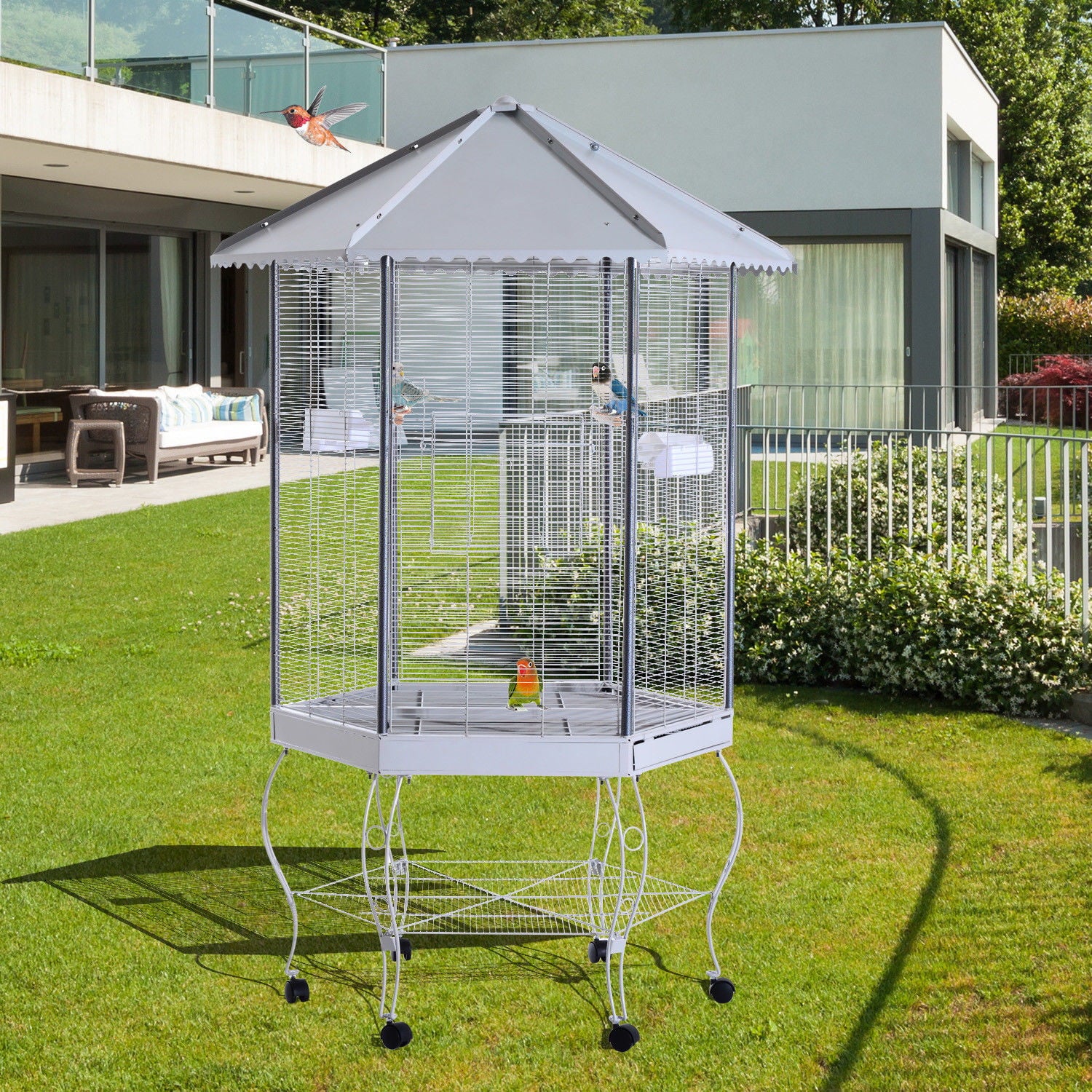 Pawhut Portable Metal Covered Canopy Aviary Flight Bird Cage With Storage， 44