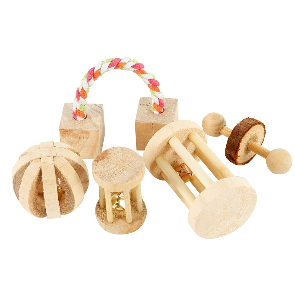 Willstar 5PCS Hamster Chew Toys Natural Wooden Play Toy Exercise Bell Roller Teeth Care Molar Toy for Bunny Rabbits Rats Gerbils and Other Small Pets