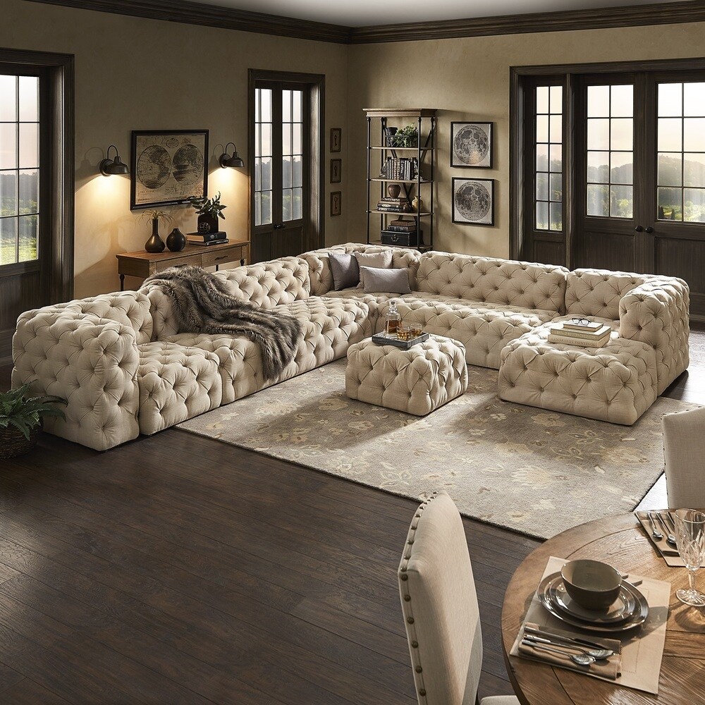 Knightsbridge II Beige Linen Tufted Chesterfield Modular U Shape with Chaise Sectional by iNSPIRE Q Artisan