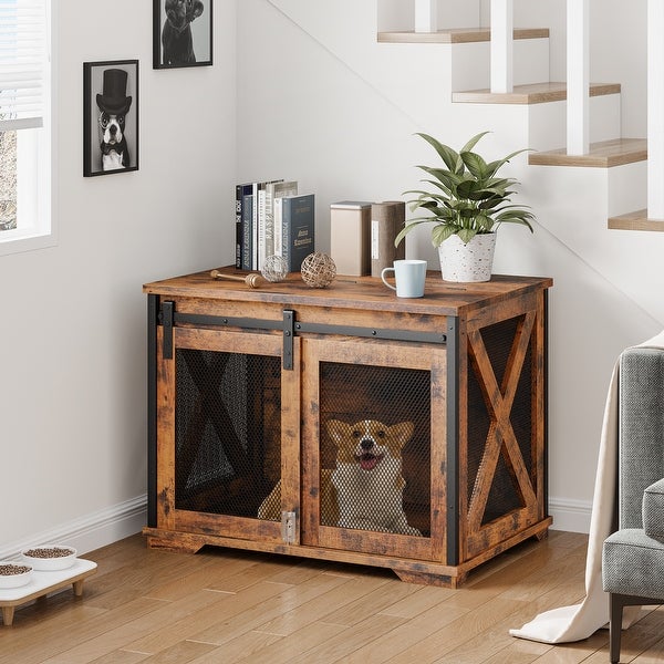 37'' Sliding Barn Door Dog Crate Furniture with Flip Top and Movable Divider， Wooden Dog Crate Table