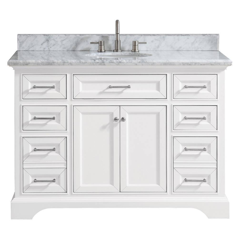 Home Decorators Collection Windlowe 49 in. W x 22 in. D x 35 in. H Freestanding Bath Vanity in White with Carrara White Marble Top 15101-VS49C-WT