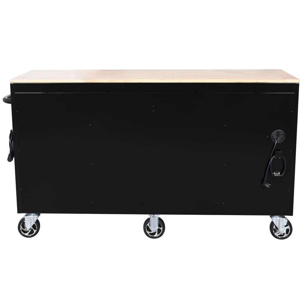 Husky 62 in. W x 20 in. D 12-Drawer Gloss Black Mobile Workbench Cabinet with Solid Wood Top and Power Drawer H62MWC12BLK