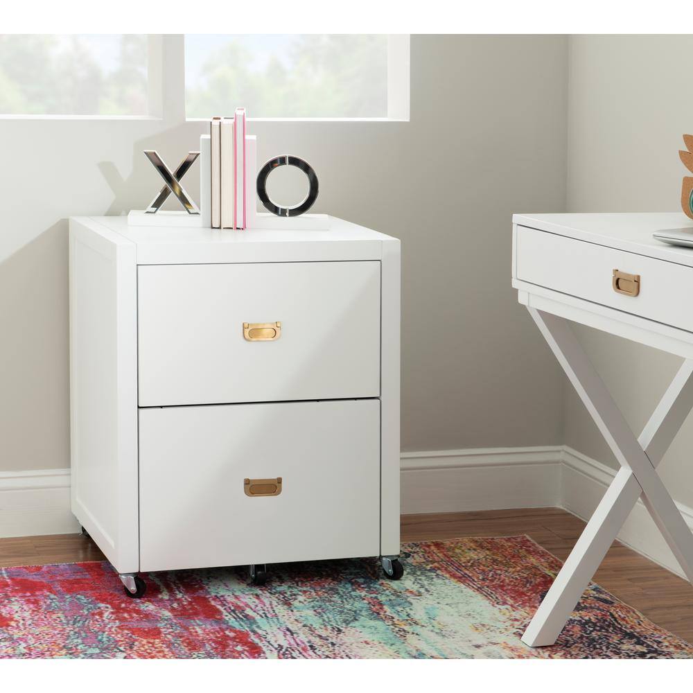 Linon Home Decor Sara White File Cabinet with Metal Drawer Glides and Rose Gold Handles THD02964