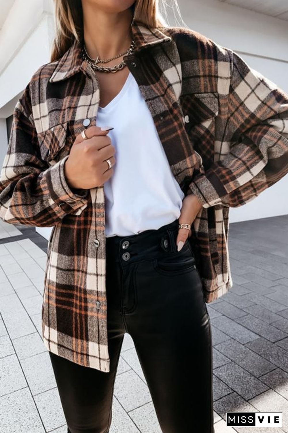 Long Sleeve Plaid Shirt Collar Jacket P13325