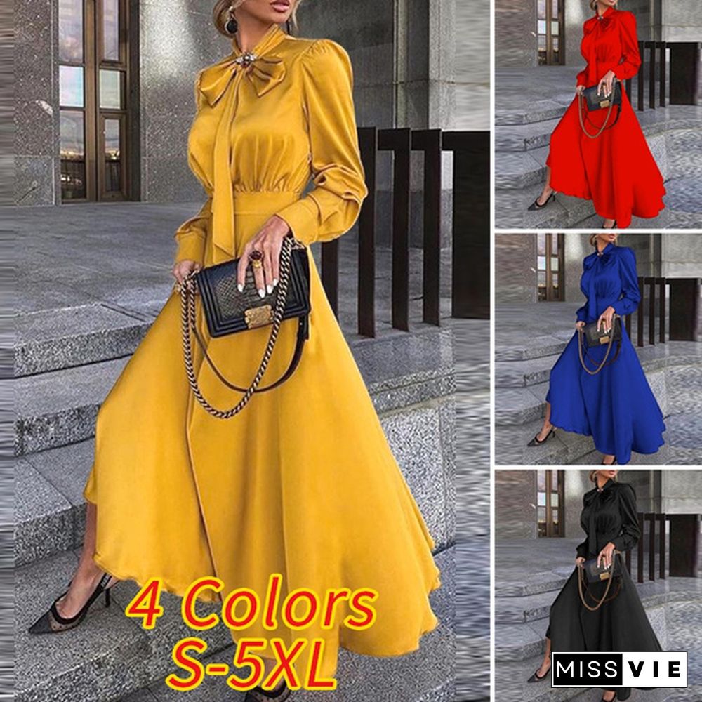 S-5Xl Women Long Sleeve Bow-Knot Crew Neck Solid Color High Waist Satin Maxi Dress Elegant Party Dress Kleid