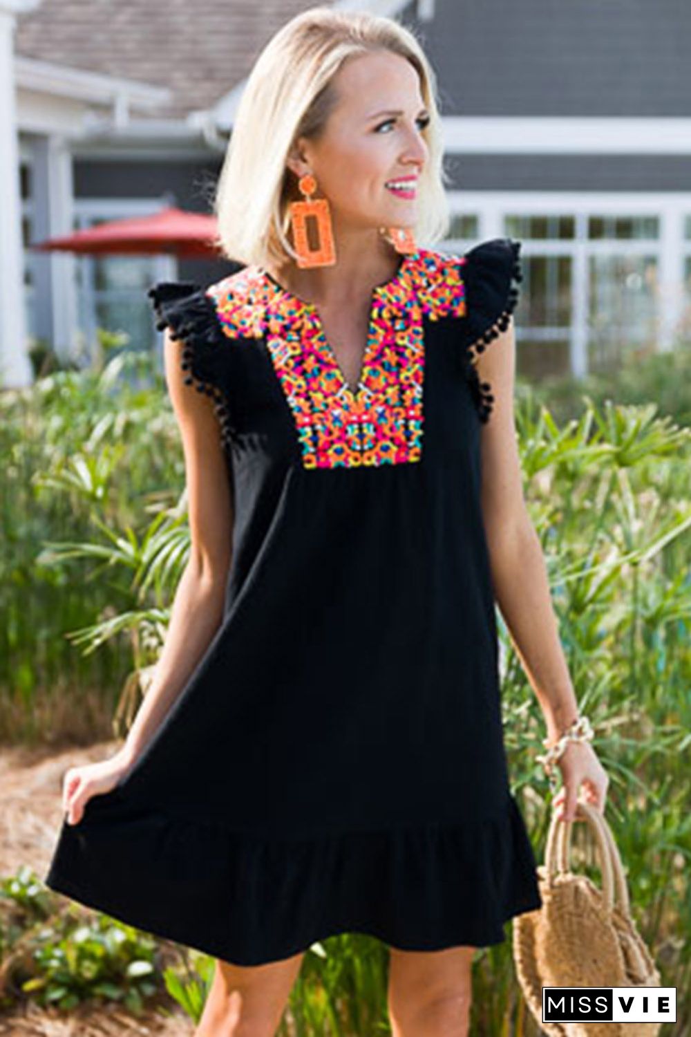 Black Boho Print Pompom Sleeve Shift Dress