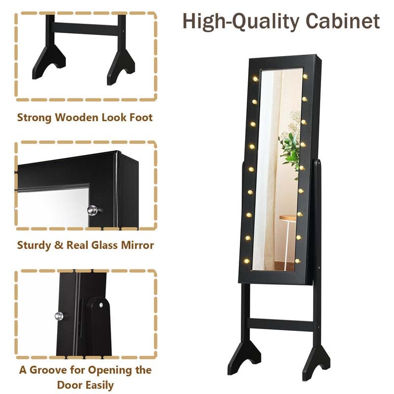 18 LEDs Large Standing Jewelry Armoire Cabinet with Full Length Mirror, 16 Lipstick Holder, 1 Inside Makeup Mirror