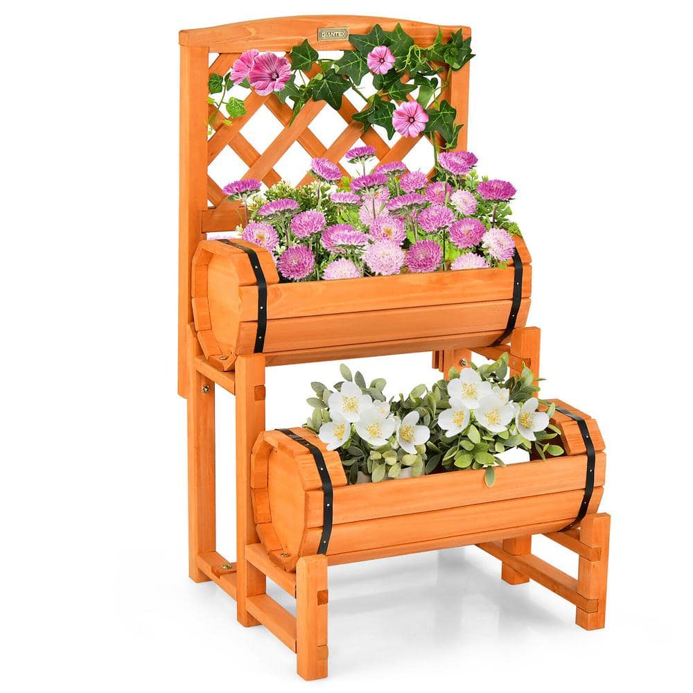 Gymax 2-Tier Wooden Raised Garden Bed Container w/2 Cylindrical Planter Boxes and Trellis GYM11265