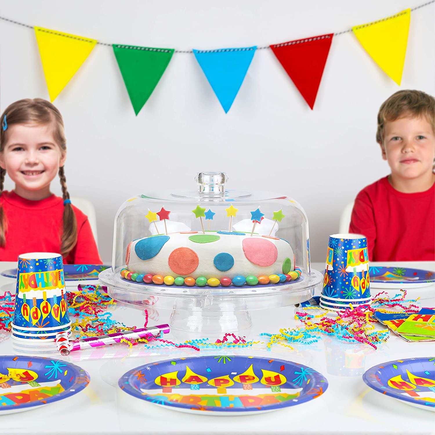 Homeries Cake Stand with Dome Cover (6 in 1) Multi-Functional Serving Platter and Cake Plate - Use as Cake Holder， Salad Bowl， Platter， Punch Bowl， Desert Platter， Nachos and Salsa Plate， (Acrylic)