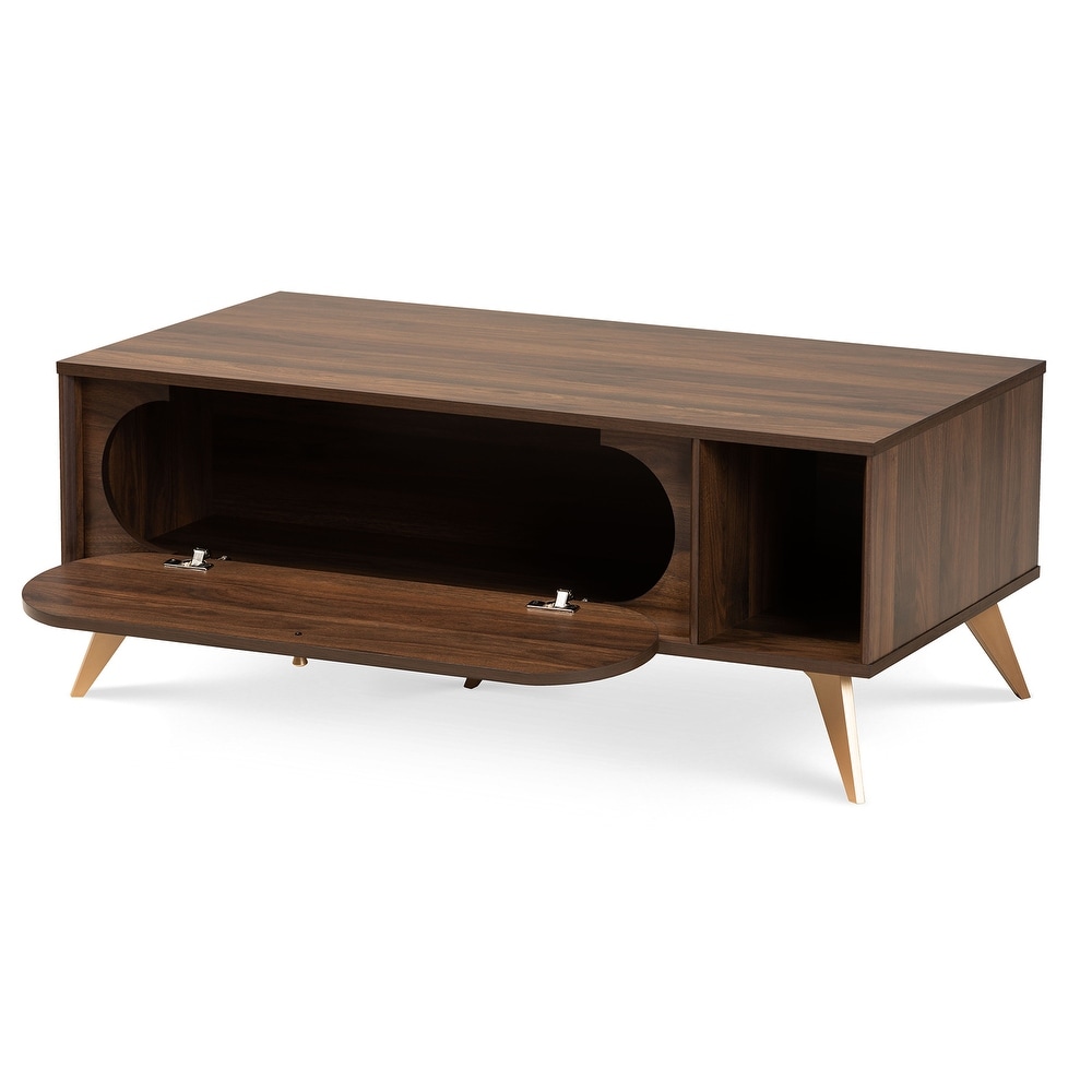 Edel Mid Century Walnut Brown and Gold Finished Wood Coffee Table