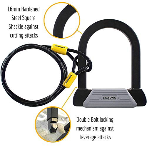 SIGTUNA Bike Lock - 16mm Heavy Duty Bicycle U Lock Combo with Square Steel Bike U-Lock Shackle and 1800mm Woven Steel Double-Loop Cable Chain Plus Key-Hole Cover and 3 High-Security Keys