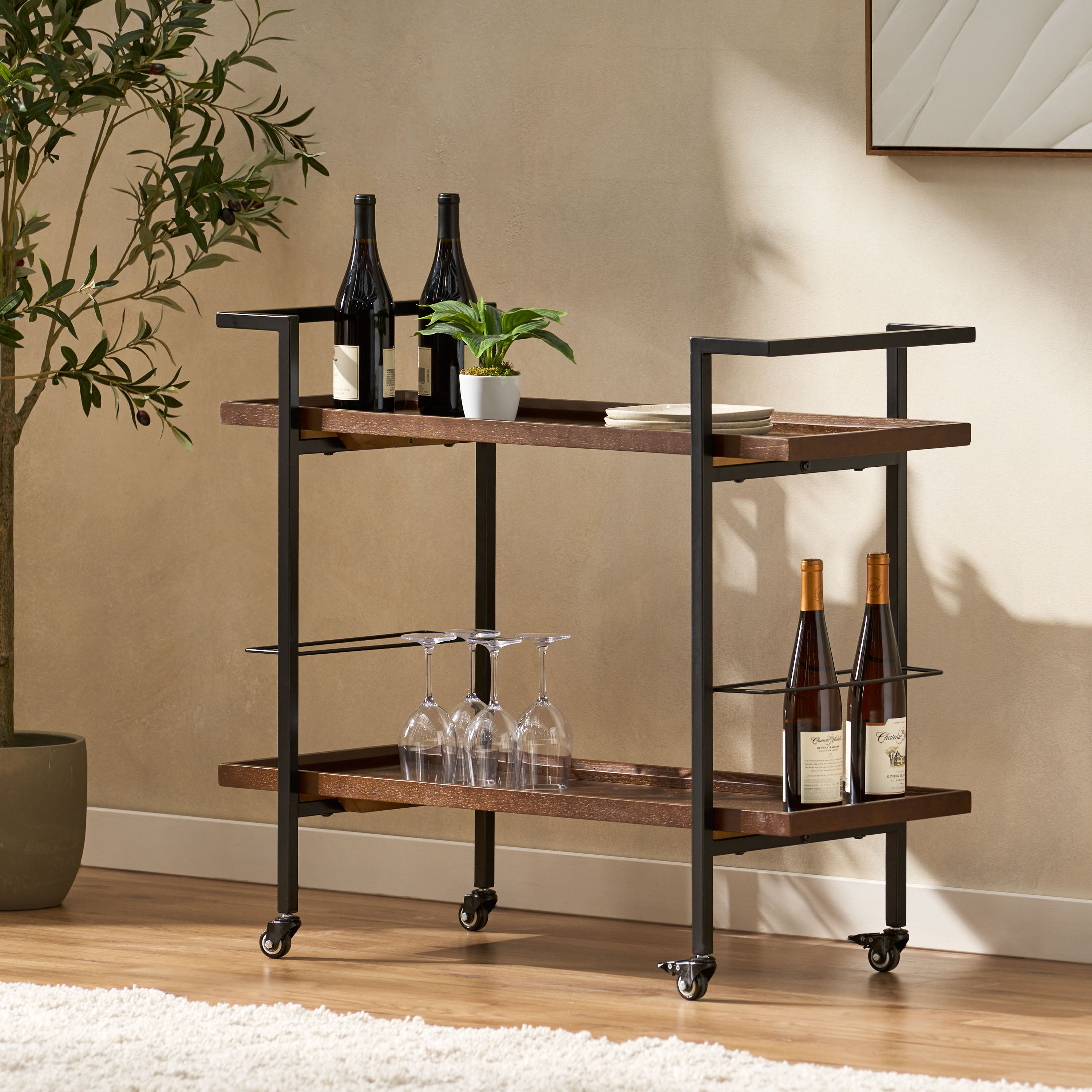 Gerard Modern Industrial Two Shelf Wood Finished Bar Cart with Rolling Casters