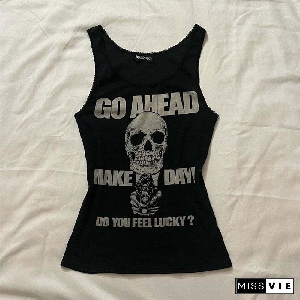 Gothic Street Skull Print Tshirt Y2K Aesthetic Hip Hop Sleeveless Vest Rock Vintage Women Clothes Anime Harajuku Tee