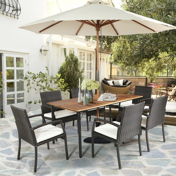 7Pcs Patio Rattan Cushioned Dining Set with Umbrella Hole